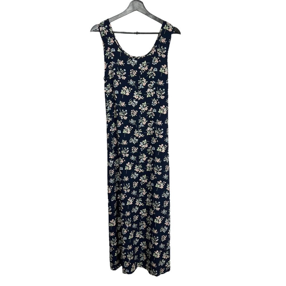 Vintage 90s Blue Multicolor Floral Sleeveless Full Length Dress Medium